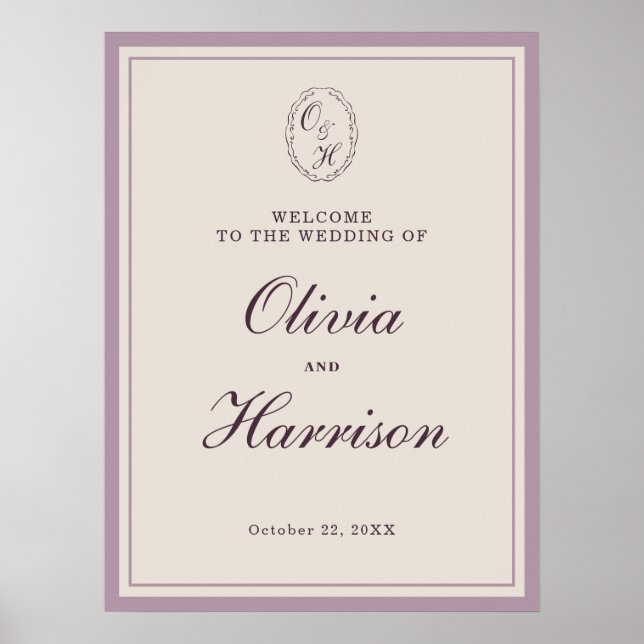 Elegant Mauve Plum Wedding Welcome Sign Poster (Framsidan)