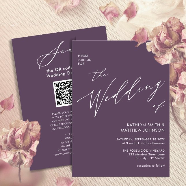Elegant Mauve QR-kod allt i ett modernt Bröllop Inbjudningar (Skapare uppladdad)