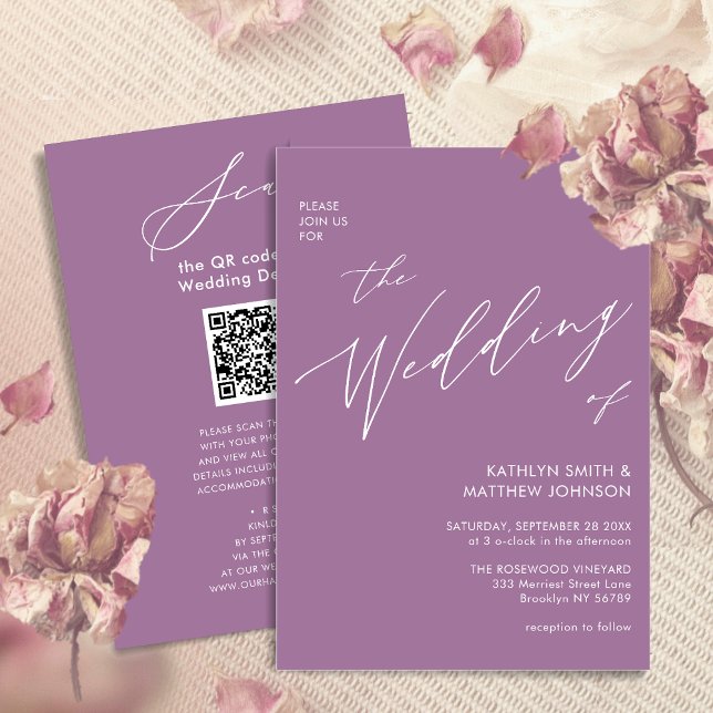 Elegant Mauve QR-kod allt i ett modernt Bröllop Inbjudningar (Skapare uppladdad)