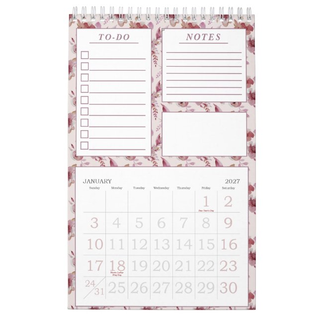 Elegant Mauve Rosa Blommönster månadsplanering för Kalender (Jan 2027)