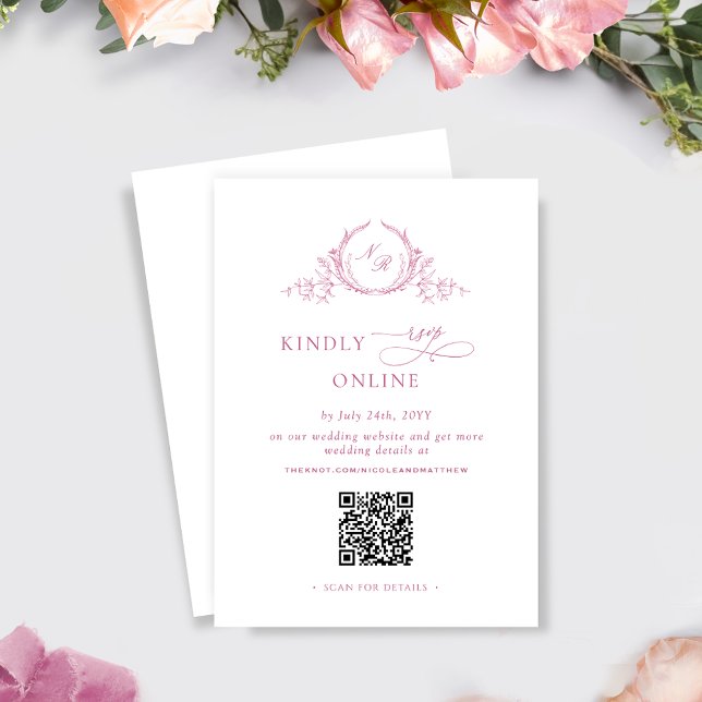 Elegant Mauve Rosa Monogram QR-Bröllop OSA Tilläggskort (Skapare uppladdad)