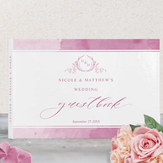Elegant Mauve Rosa Watercolor Monogram Bröllop Gästböcker (Skapare uppladdad)
