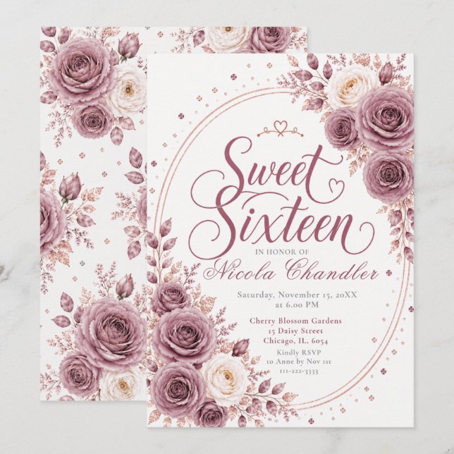 Elegant Mauve Sweet 16 Inbjudningar (Fram/baksida)