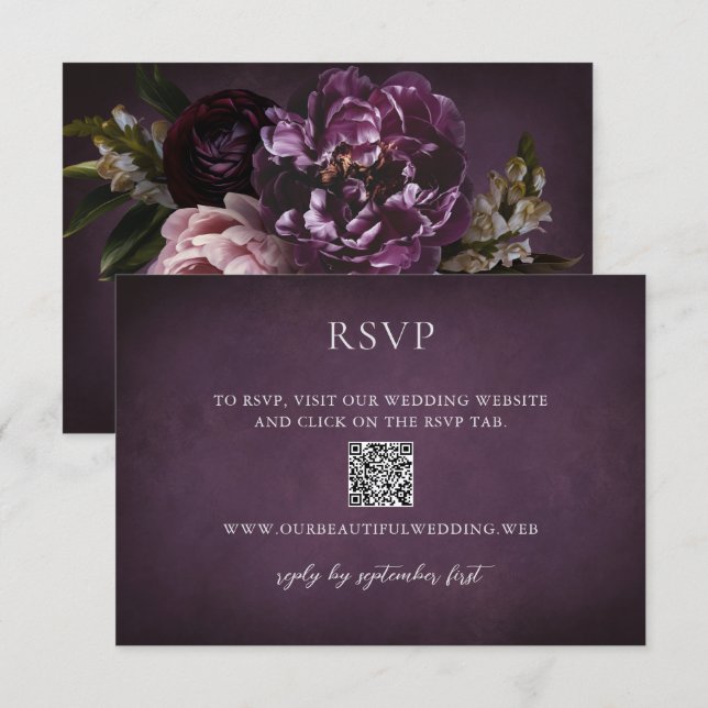 Elegant Maximalist Lila Blommig QR-kod Bröllop OSA Kort (Fram/baksida)