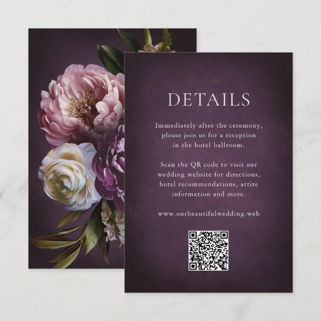 Elegant Maximalist Purple Floral QR Code Wedding Tilläggskort (Fram/baksida)