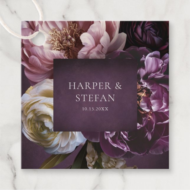 Elegant Maximalist Purple Floral Wedding Gåvor Etiketter (Framsida)