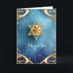 Elegant Mazel Tov, 5-tums x 7-tums mappat gratulat Kort<br><div class="desc">Guld Star of David med utsökt guld-information mot blå bakgrund. hälsning är "Mazel Tov" på framsidan. Insidan har lämnats tom för att du ska kunna anpassa det här eleganten. Föreslaget för bröllop,  födelsedagar,  pub mitzvahs,  fladdermöss och andra särskilda tillfällen eller helgdagar.</div>