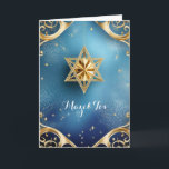 Elegant Mazel Tov, 5-tums x 7-tums mappat gratulat Kort<br><div class="desc">Guld Star of David med utsökt guld-information mot blå bakgrund. hälsning är "Mazel Tov" på framsidan. Insidan har lämnats tom för att du ska kunna anpassa det här eleganten. Föreslaget för bröllop,  födelsedagar,  pub mitzvahs,  fladdermöss och andra särskilda tillfällen eller helgdagar.</div>