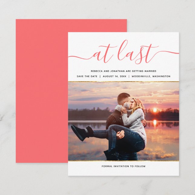 Elegant med Coral Photo Modern Spara datum Inbjudningar (Fram/baksida)