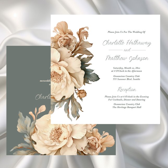Elegant med Grönt Blommigt Bröllop Inbjudningar (Elegant Taupe With Green Floral Wedding Invitation)