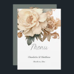 Elegant med Grönt Blommigt Bröllop Meny<br><div class="desc">En Elegant med Grönt Blommigt Bröllop-meny för mottagartillbehör. Den här Bröllop-menyn är designad med en vacker vattenfärgad Taupe-blomma med grädda och grönt på vit bakgrund. Texten innehåller: Menu, Bride and Groom's First Namn och Bröllop Date. Texten på den omvända sidan innehåller: Appetizer-, Entre- och Dessert-markeringar på en matchande grönts bakgrund...</div>