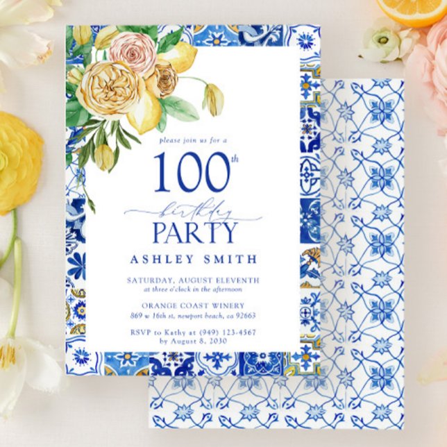 Elegant Medelhavet 100:e Födelsedagsfesten Lemon Inbjudningar (Skapare uppladdad)