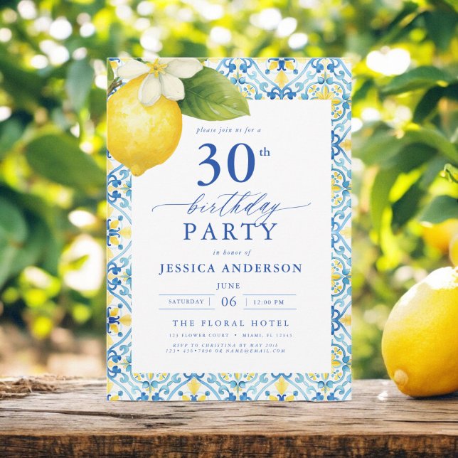 Elegant Medelhavet Lemon Blommigt 30års födelsedag Inbjudningar (Skapare uppladdad)