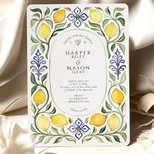 Elegant Medelhavet, Lemon och Blue Tile Bröllop Inbjudningar