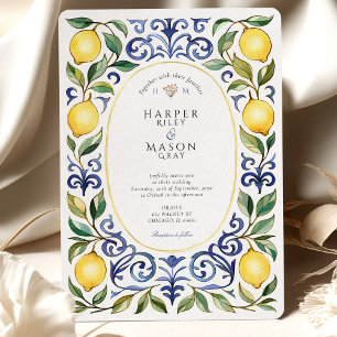 Elegant Medelhavet, Lemon och Blue Tile Bröllop Inbjudningar