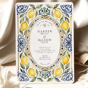 Elegant Medelhavet, Lemon och Blue Tile Bröllop Inbjudningar