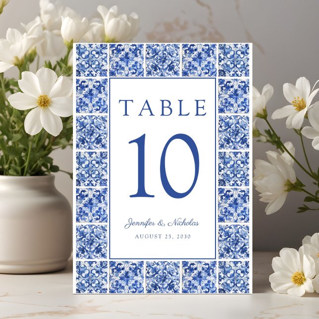 Elegant medelhavsinspirerad blå kakel bröllop bordsnummer (Elegant Mediterranean Blue Tiles Wedding Table Number)