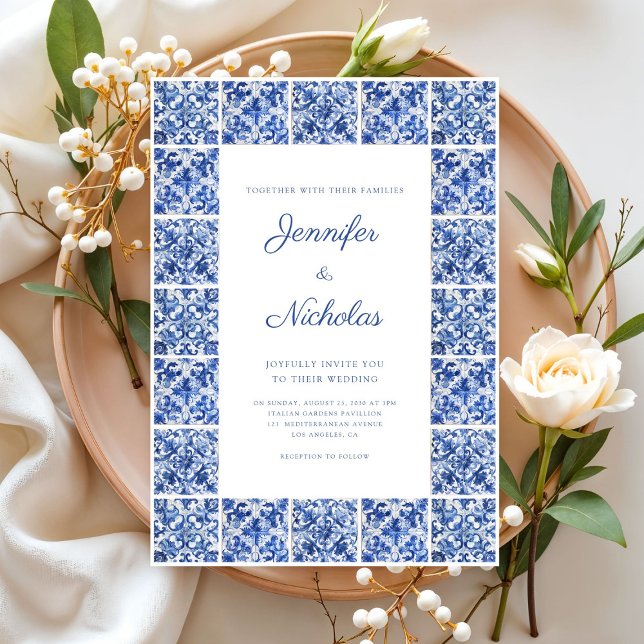 Elegant Medelhavsinspirerad Blå Kakel Bröllop Inbjudningar (Elegant Mediterranean Blue Tiles Wedding Invitation)