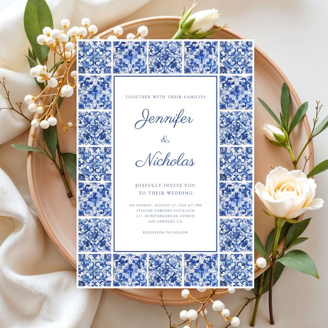 Elegant Medelhavsinspirerad Blå Kakel Bröllop Inbjudningar (Elegant Mediterranean Blue Tiles Wedding Invitation)