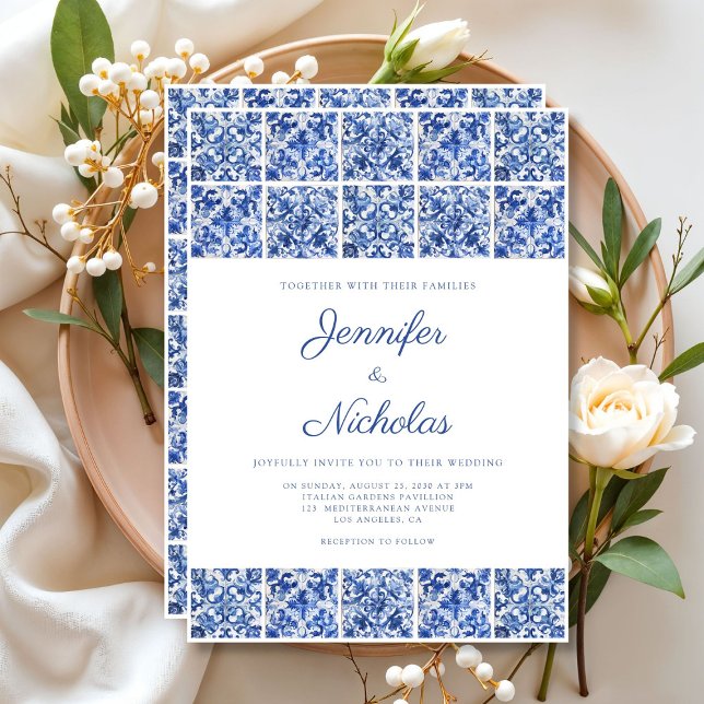 Elegant medelhavsinspirerad blå kakel bröllop inbjudningar (Elegant Mediterranean Blue Tiles Wedding Invitation)