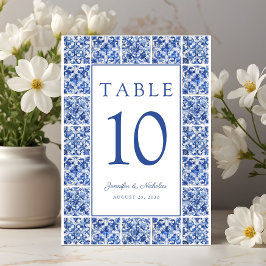 Elegant medelhavsinspirerad blå kakelbröllop bordsnummer