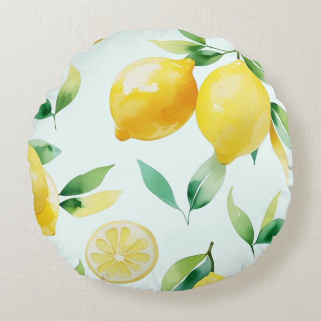 Elegant medelhavsinspirerad citron blomster bröllo rund kudde (Framsidan)