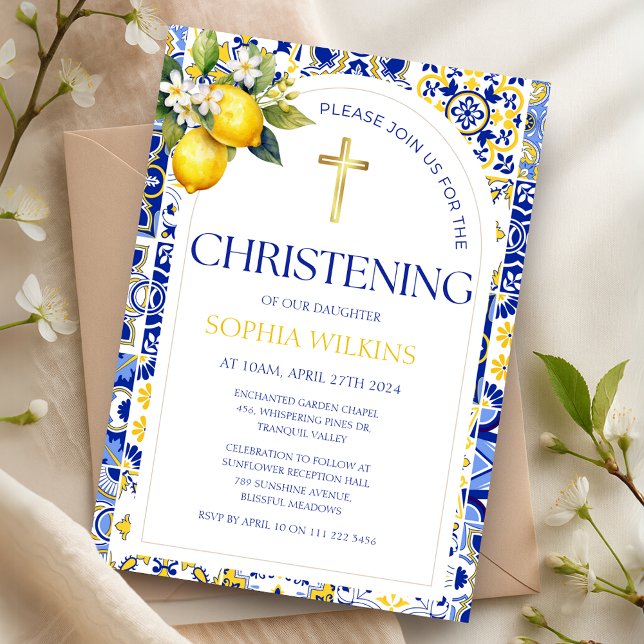 Elegant medelhavsinspirerad dop med blå och vita k inbjudningar (Elegant Mediterranean Lemon Blue Tiles Christening Invitation)