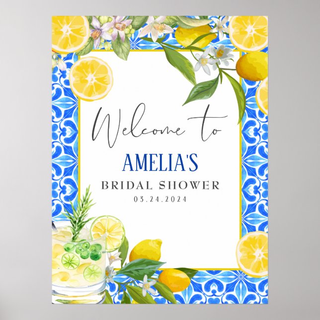 Elegant Medelhavsinspirerad Lemon Bröllopsdusch Vä Poster (Framsidan)