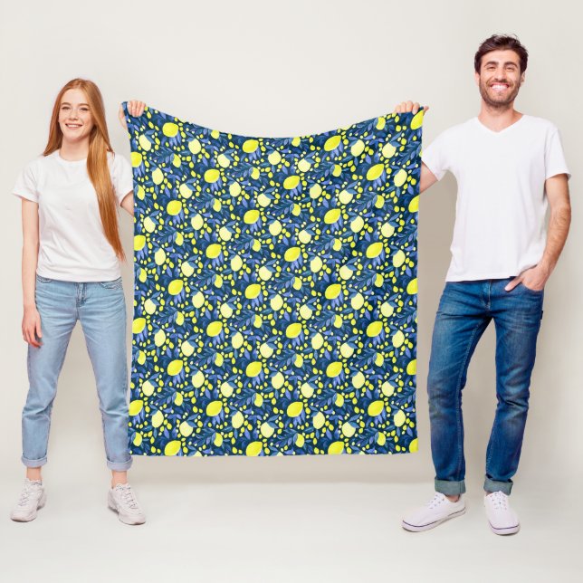 Elegant medelhavsinspirerad rustik citron blå blad fleecefilt (På plats)