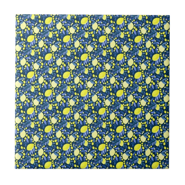 Elegant medelhavsinspirerad rustik citron blå blad kakelplatta (Framsidan)