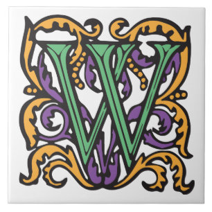 Elegant medeltida grön brevW-Monogram Kakelplatta