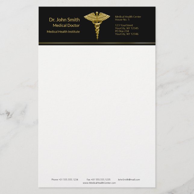 Elegant Medicinsk Gul Kaduceus på Svart - Brevpapp Brevpapper (Framsida)