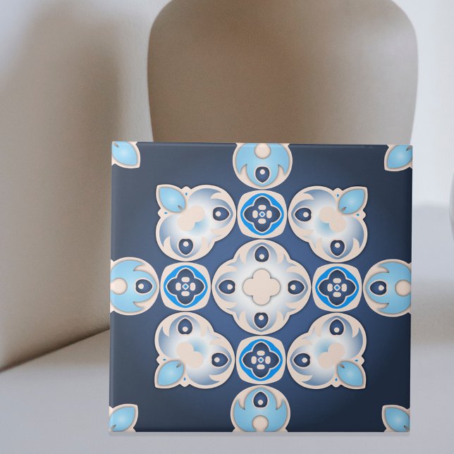 Elegant Mediterranean Blue Beige Medallion Kakelplatta (Skapare uppladdad)