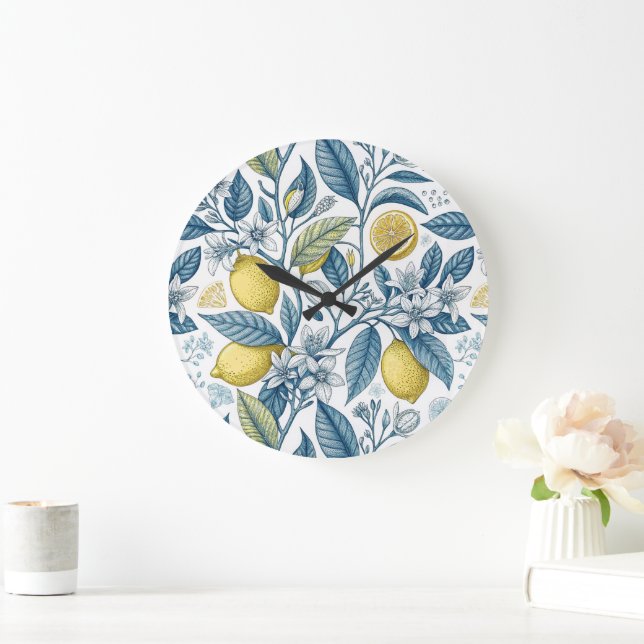 Elegant Mediterranean Lemon Botanical Navy Stor Klocka (Hem)