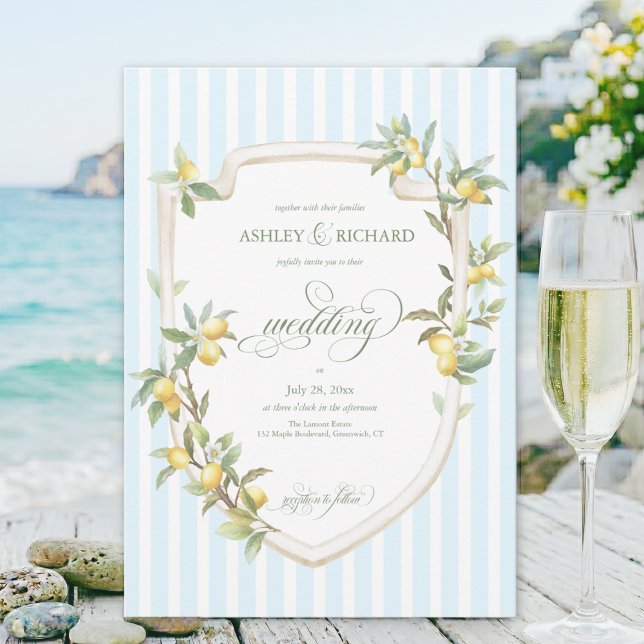 Elegant Mediterranean Lemon Wedding Invitation Inbjudningar (Mediterranean citrus lemon pale blue white coastal stripe wedding invitation with calligraphy script)