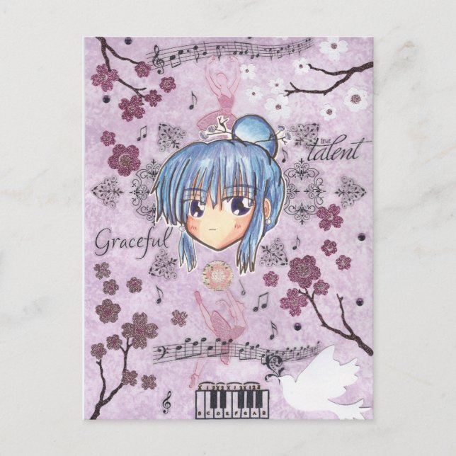 Elegant/Melancholy Ume-Chibi w/kollage bakgrund Vykort (Framsida)