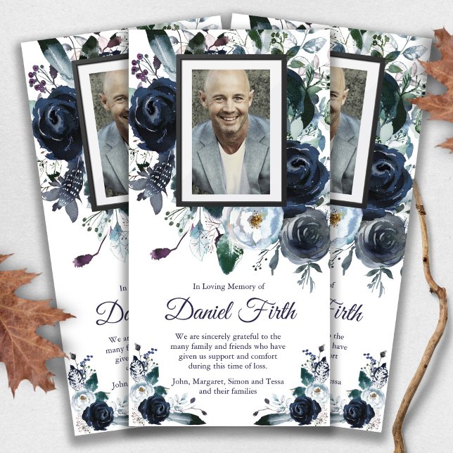 Elegant Memorial Navy Ro Beal Tack Cards (funeral thank you cards, bereavement, elegant, simple, celebration of life, sympathy card)