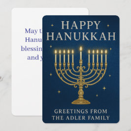 Elegant Menorah, Stars & Royal Blue Hanukkah Julkort