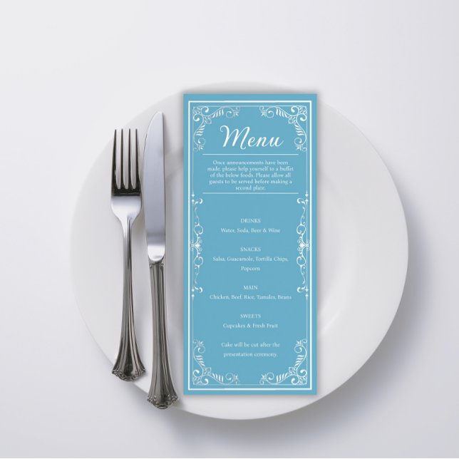 Elegant Menu - Light Blue Butterfly Quinceañera Meny (Elegant Blue Quince Birthday Menu)