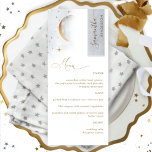 Elegant Menu med Guest Namn, Celestial Måne Stars Meny<br><div class="desc">Varför lägga ut på platskort och menykort när du kan ha en personlig för All-in-one-eleganten-sammanfattningsmeny för elegant med varje gäst namn! Contemporary, enkel design och elegant med snygg, handskriven kalligrafi. Vackert vattenfärgscelestial himlar, med stjärnor och måne. Menu text i gyllene nyanser, rand i hörnet av den övre högerna i faux...</div>