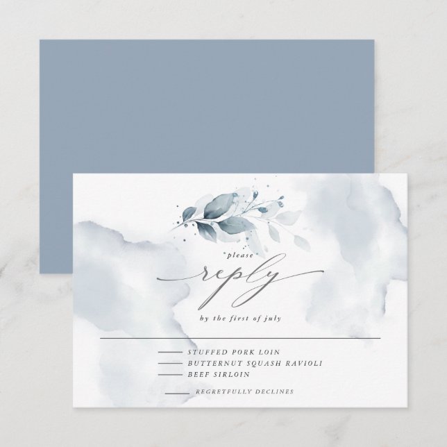 Elegant Menu OSA Watercolor Foliage Dusty Blue Kort (Fram/baksida)