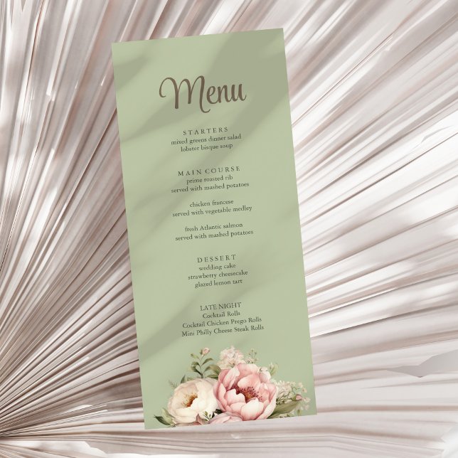 Elegant meny för bröllop med gröna pioner i fint s (Elegant Sage Green Peony Floral Wedding Menu on a sunny neutral dry palm leaf)