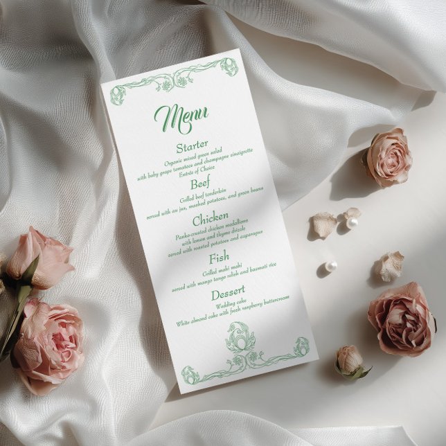 Elegant meny för bröllopsmiddag – Grön rosfiligran (Skapare uppladdad)