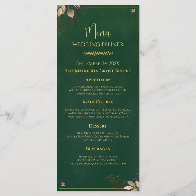 Elegant meny för bröllopsmiddag i smaragdgrönt och (Framsida)