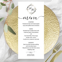 Elegant menykort med blomsterinitialer för bröllop