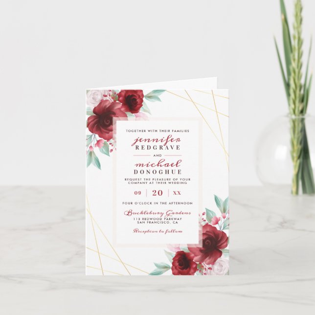 Elegant Merlot Glamous Blooms Geometric Bröllop Inbjudan (Framsida)