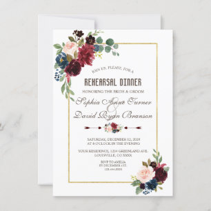 Elegant Merlot Marinblå Blommig Övningsmiddag Inbjudningar