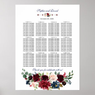 Elegant Merlot Navy Blommigt Bröllop Seatdiagram Poster