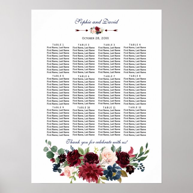 Elegant Merlot Navy Blommigt Bröllop Seatdiagram Poster (Framsidan)