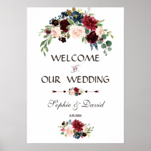 Elegant Merlot Navy Blue Blommigt Bröllop Sign Poster